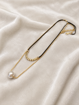 Layered pearl pendant necklace with black cord and gold chain 1