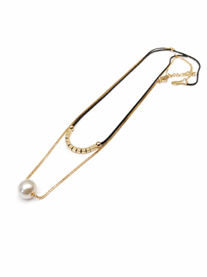 Layered pearl pendant necklace with black cord and gold chain 3