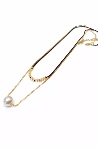 Layered pearl pendant necklace with black cord and gold chain