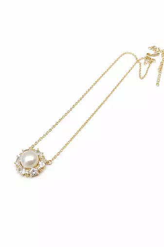 Pearl pendant necklace with crystal halo, gold-tone chain