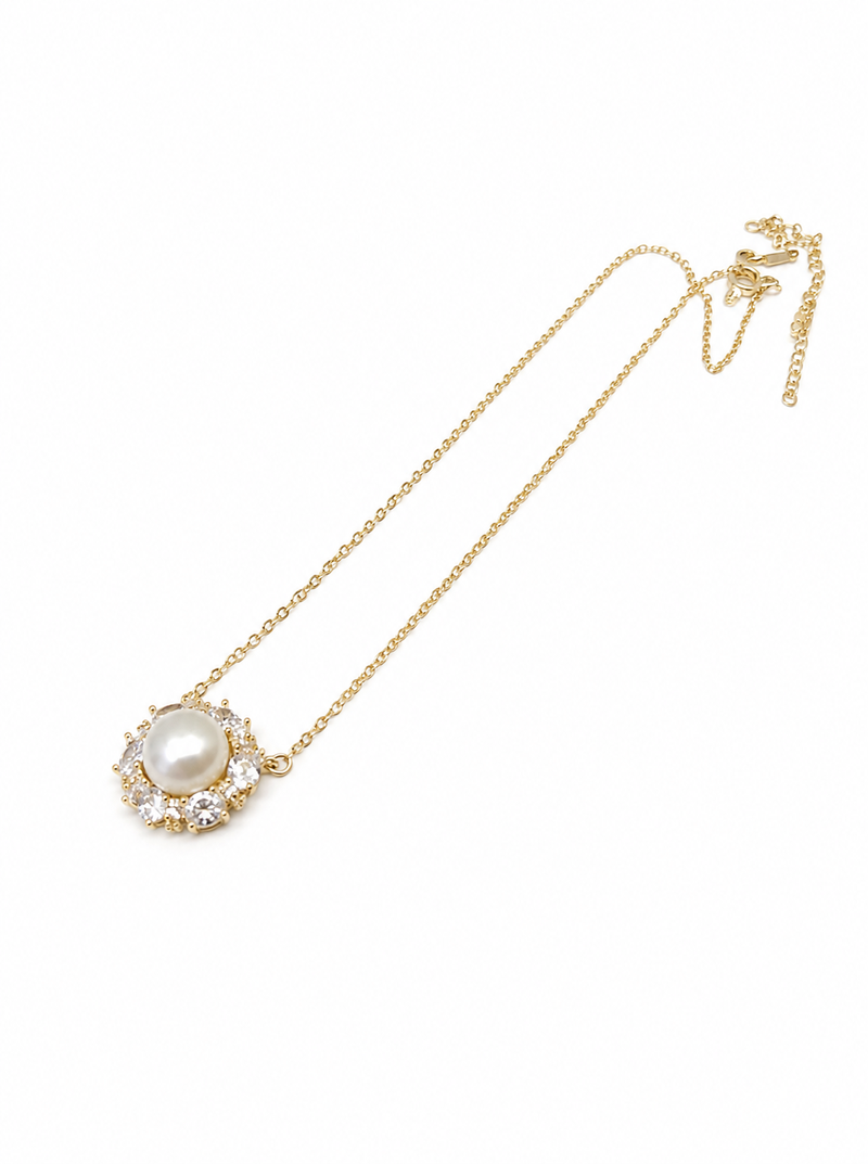 Pearl pendant necklace with crystal halo, gold-tone chain