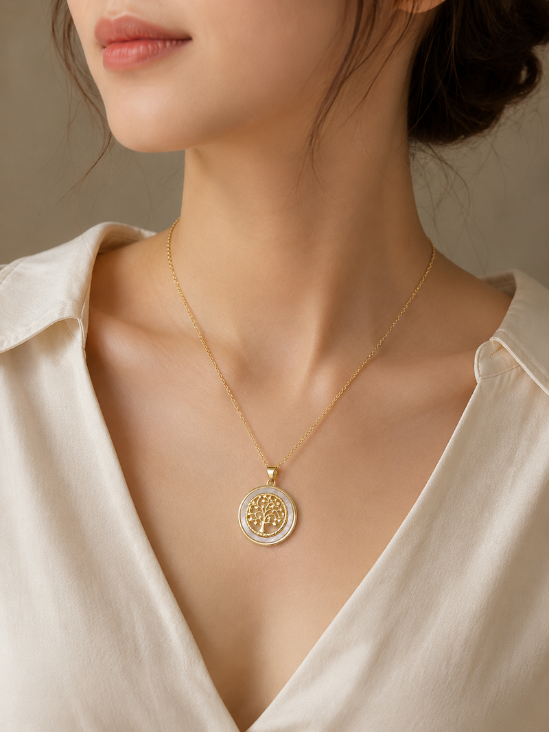 Tree of life round pendant necklace with mother of pearl