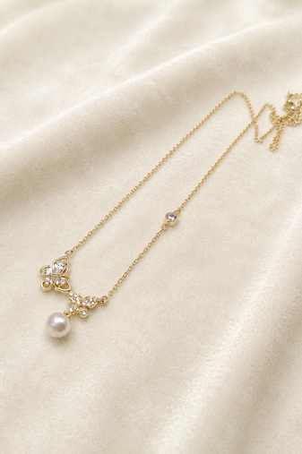 Gold-tone butterfly crystal pearl drop pendant necklace
