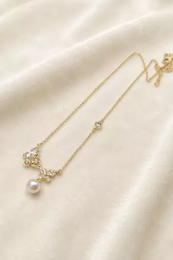 Gold-tone butterfly crystal pearl drop pendant necklace