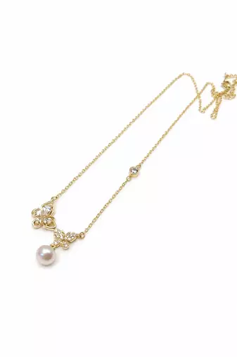 Gold-tone butterfly crystal pearl drop pendant necklace