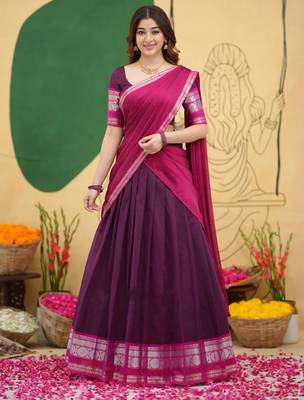 Women's New Stylish Elegant Wine and Pink silk blend Half Saree for Women 1