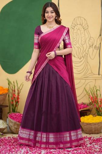 Women's New Stylish Elegant Wine and Pink silk blend Half Saree for Women