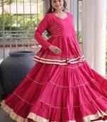 Rani Pink Cotton Gota Patti Peplum Top with Flared Tiered Sharara Suit
