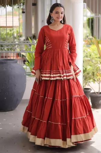 Orange Cotton Gota Patti Peplum Top with Flared Tiered Sharara Suit