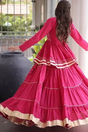 Rani Pink Cotton Gota Patti Peplum Top with Flared Tiered Sharara Suit