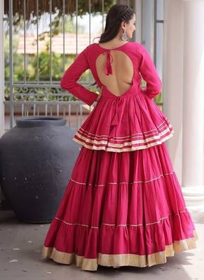 Rani Pink Cotton Gota Patti Peplum Top with Flared Tiered Sharara Suit 4