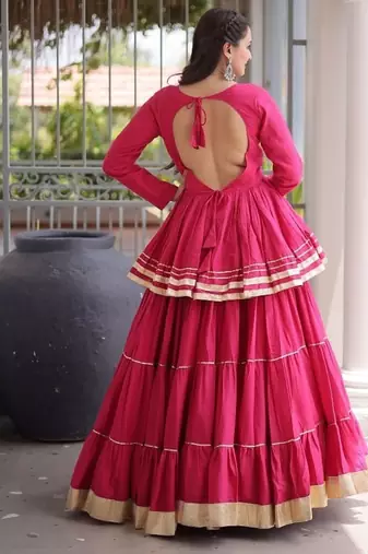 Rani Pink Cotton Gota Patti Peplum Top with Flared Tiered Sharara Suit