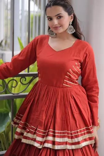 Orange Cotton Gota Patti Peplum Top with Flared Tiered Sharara Suit