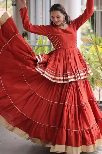 Orange Cotton Gota Patti Peplum Top with Flared Tiered Sharara Suit