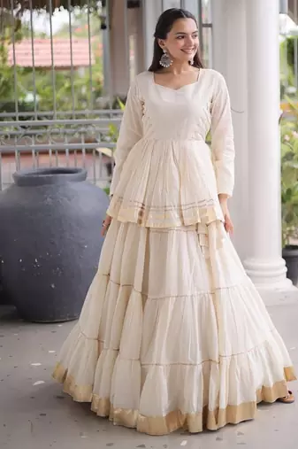 Off-White Cream Cotton Gota Patti Peplum Top with Flared Tiered Sharara Suit