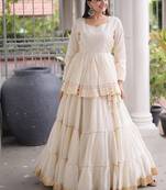 Off-White Cream Cotton Gota Patti Peplum Top with Flared Tiered Sharara Suit
