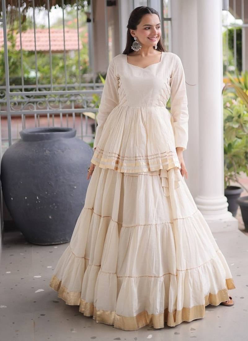 Off-White Cream Cotton Gota Patti Peplum Top with Flared Tiered Sharara Suit