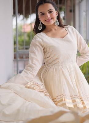 Off-White Cream Cotton Gota Patti Peplum Top with Flared Tiered Sharara Suit 2