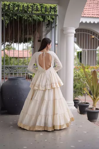 Off-White Cream Cotton Gota Patti Peplum Top with Flared Tiered Sharara Suit