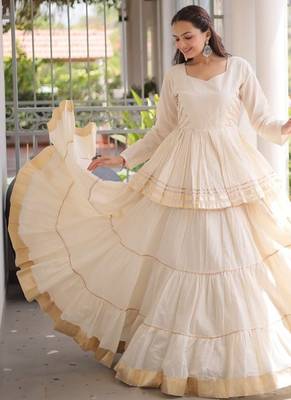 Off-White Cream Cotton Gota Patti Peplum Top with Flared Tiered Sharara Suit 4