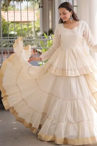 Off-White Cream Cotton Gota Patti Peplum Top with Flared Tiered Sharara Suit