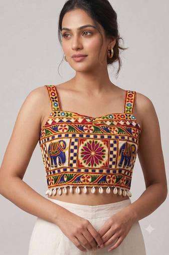 Multicolor embroidered cotton square-neck blouse