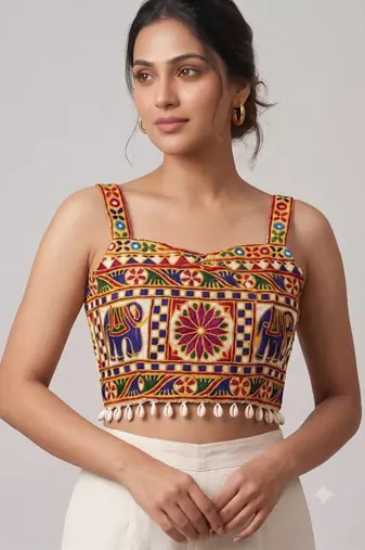 Multicolor embroidered cotton square-neck blouse