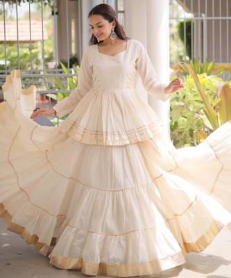 Off- White Cora Cotton Gota-Patti & Lace work Peplum Blouse With Flared Lehenga 1