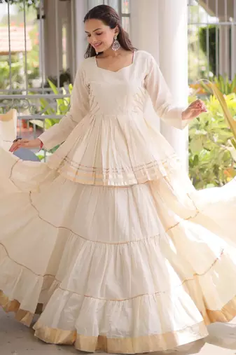 Off- White Cora Cotton Gota-Patti & Lace work Peplum Blouse With Flared Lehenga