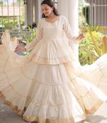 Off- White Cora Cotton Gota-Patti & Lace work Peplum Blouse With Flared Lehenga