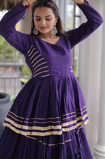 Purple Cora Cotton Gota-Patti & Lace work Peplum Blouse With Flared Lehenga