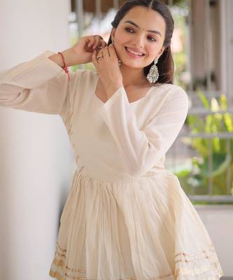 Off- White Cora Cotton Gota-Patti & Lace work Peplum Blouse With Flared Lehenga 3