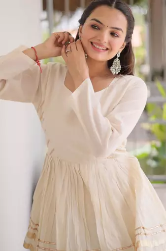 Off- White Cora Cotton Gota-Patti & Lace work Peplum Blouse With Flared Lehenga