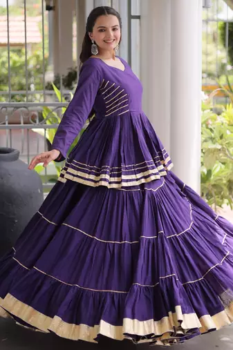 Purple Cora Cotton Gota-Patti & Lace work Peplum Blouse With Flared Lehenga