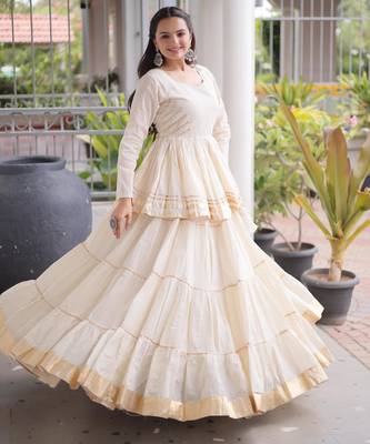 Off- White Cora Cotton Gota-Patti & Lace work Peplum Blouse With Flared Lehenga 4