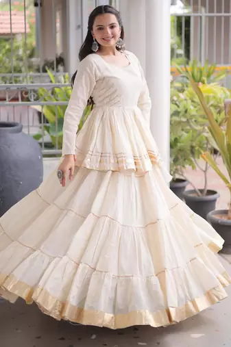 Off- White Cora Cotton Gota-Patti & Lace work Peplum Blouse With Flared Lehenga