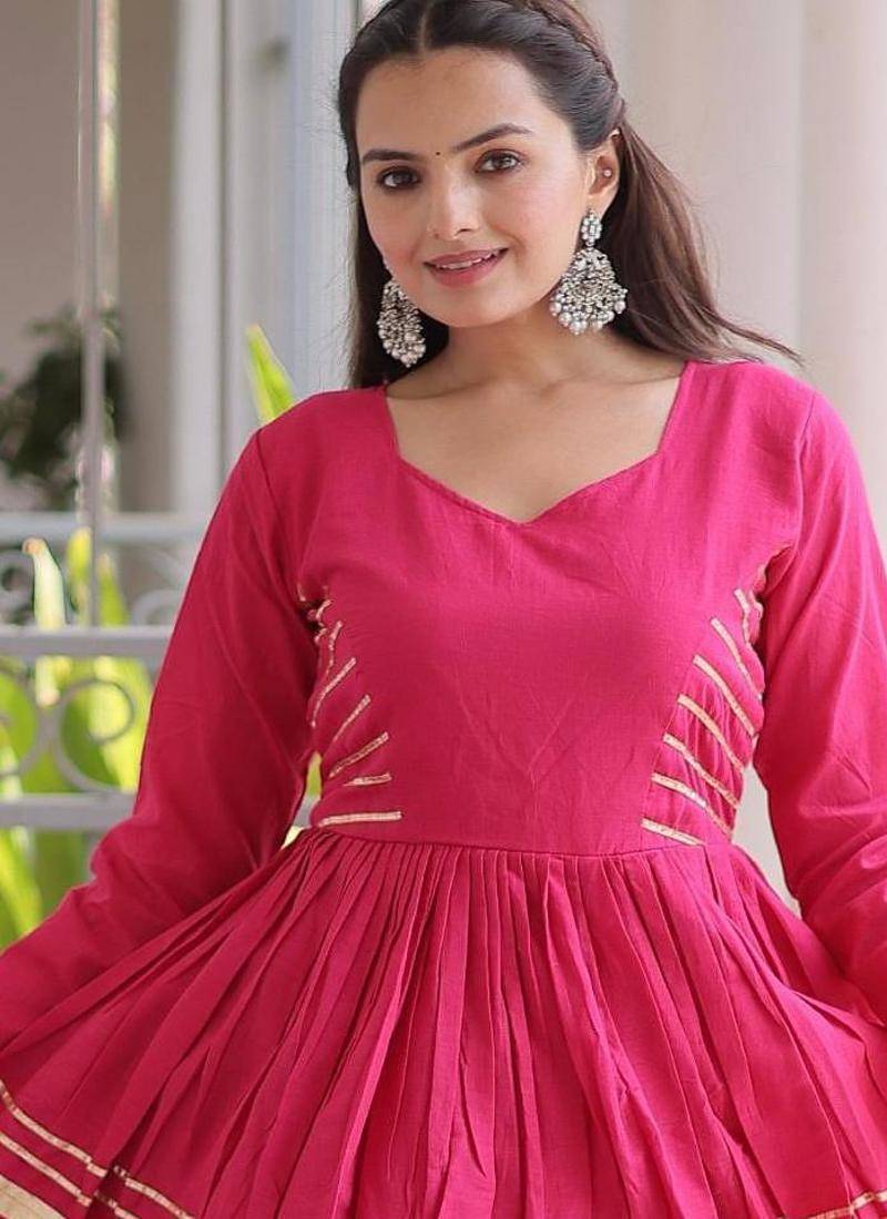 Pink Cora Cotton Gota-Patti & Lace work Peplum Blouse With Flared Lehenga