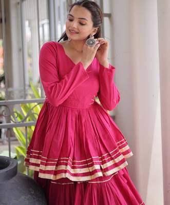Pink Cora Cotton Gota-Patti & Lace work Peplum Blouse With Flared Lehenga 3