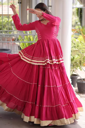 Pink Cora Cotton Gota-Patti & Lace work Peplum Blouse With Flared Lehenga