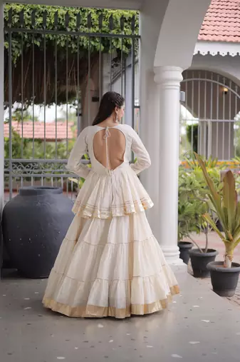 Off- White Cora Cotton Gota-Patti & Lace work Peplum Blouse With Flared Lehenga