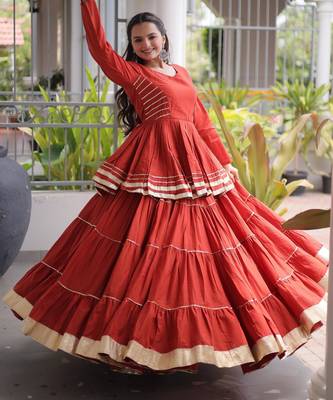 Rust Cora Cotton Gota-Patti & Lace work Peplum Blouse With Flared Lehenga 4