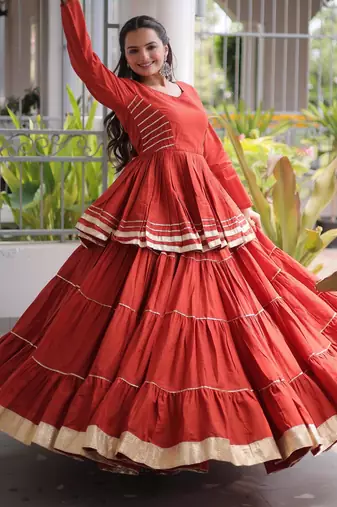 Rust Cora Cotton Gota-Patti & Lace work Peplum Blouse With Flared Lehenga