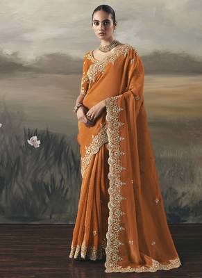 Orange tissue heavy designer border with designer blouse wedding wear saree 1