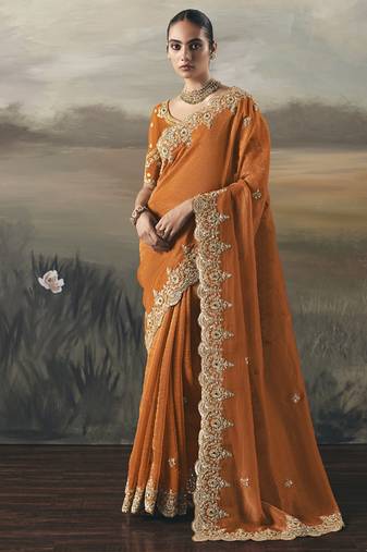 Orange tissue heavy designer border with designer blouse wedding wear saree