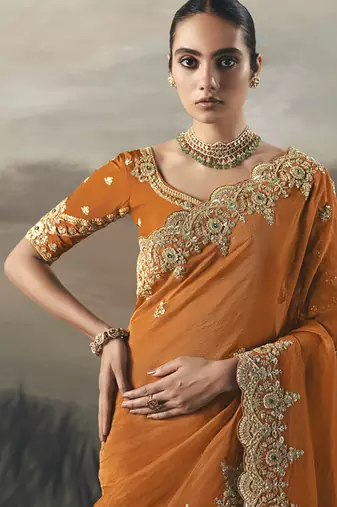 Orange tissue heavy designer border with designer blouse wedding wear saree