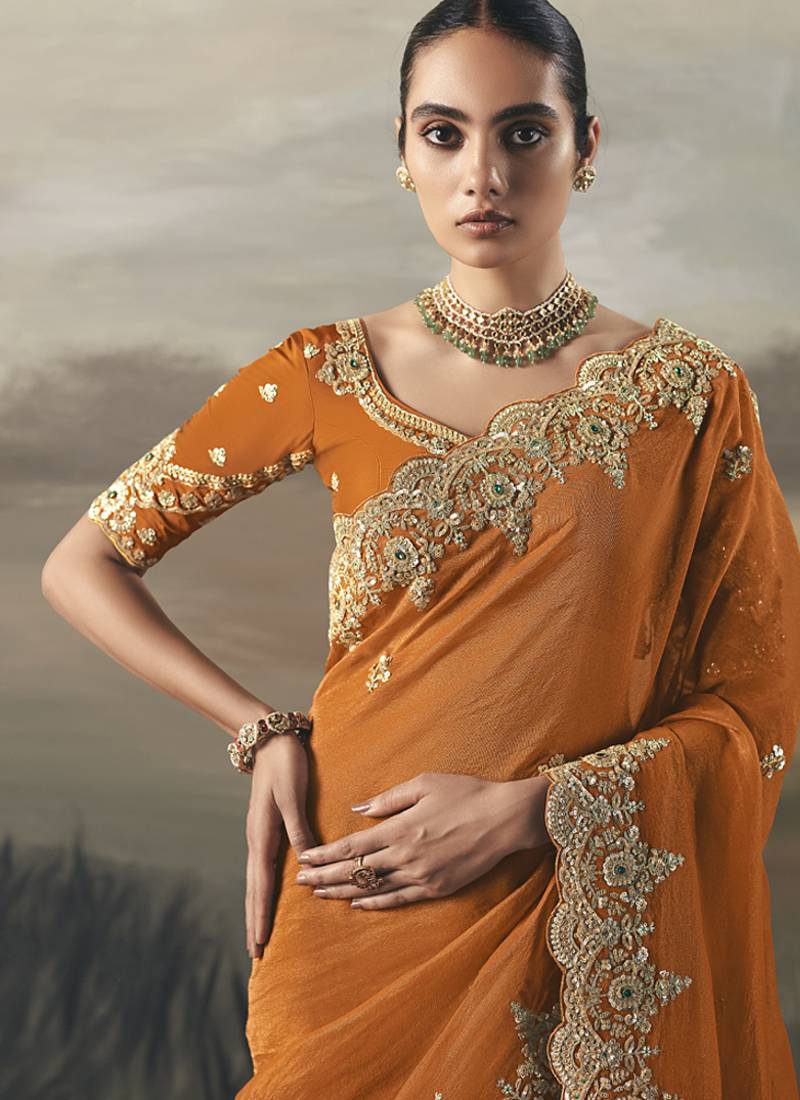 Orange tissue heavy designer border with designer blouse wedding wear saree