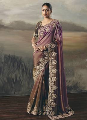 Shaded wine heavy designer border with designer blouse wedding wear saree 1