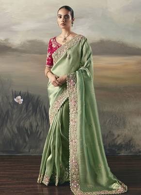 Pista  designer border with designer blouse wedding wear saree 1