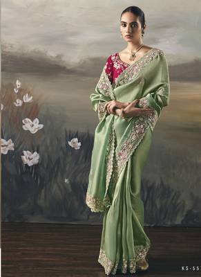 Pista  designer border with designer blouse wedding wear saree 2