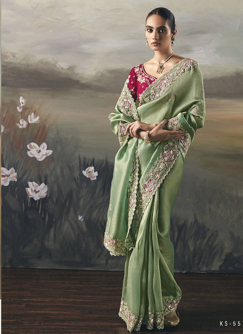 Pista  designer border with designer blouse wedding wear saree